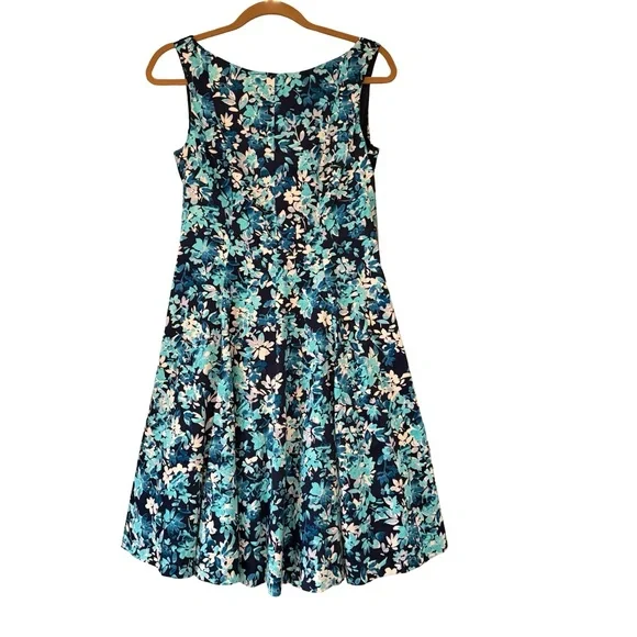 NWT, Maggy London Fit and Flare Sleeveless Summer Dress, Navy and Aqua, Sz 8 - Picture 10 of 16